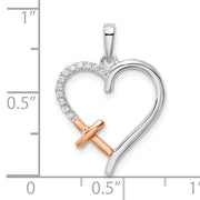 14k Two-tone White and Rose Heart w/Cross Diamond Pendant