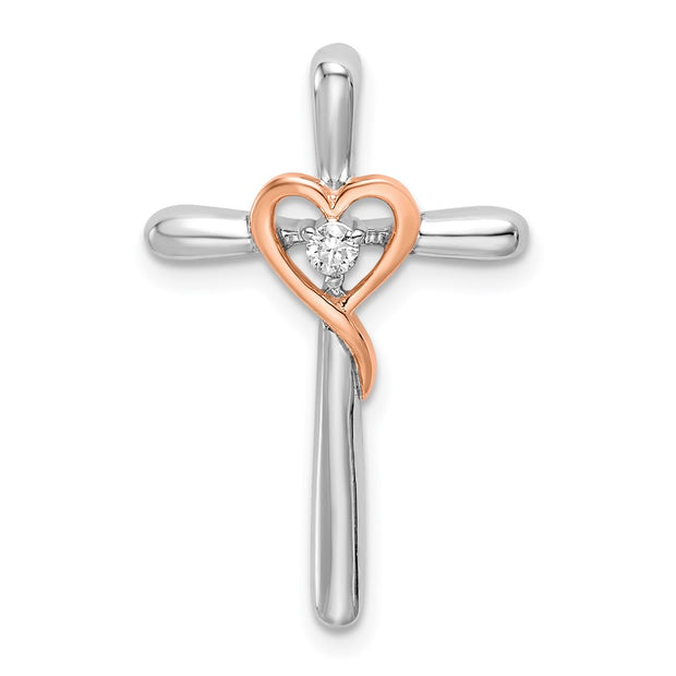 14k Two-tone White & Rose Cross w/Heart Diamond Chain Slide