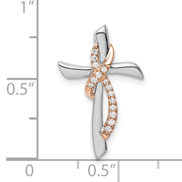 14k Two-tone White & Rose Cross w/Ribbon Diamond Chain Slide