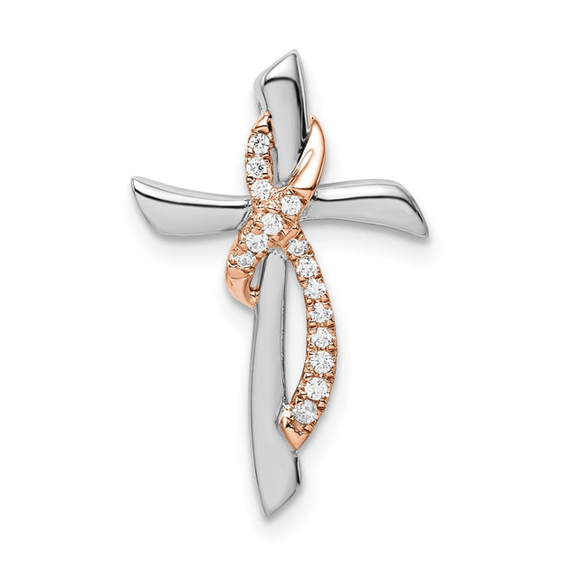14k Two-tone White & Rose Cross w/Ribbon Diamond Chain Slide