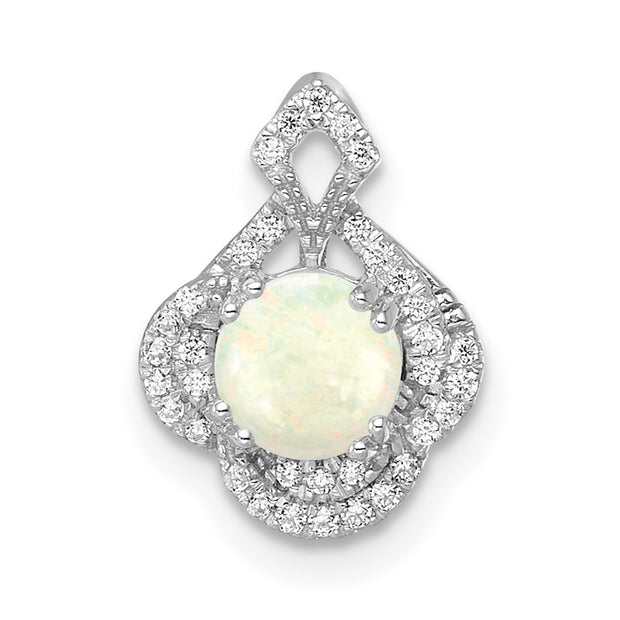 14k White Gold Polished Oval Opal & Diamond Vintage Chain Slide