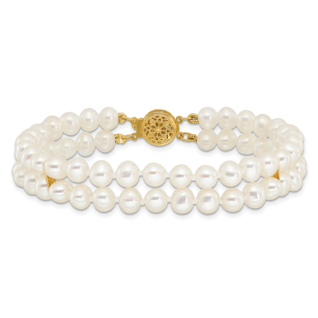 14k 5-6mm White Near Round FW Cultured Pearl 2-strand Bracelet