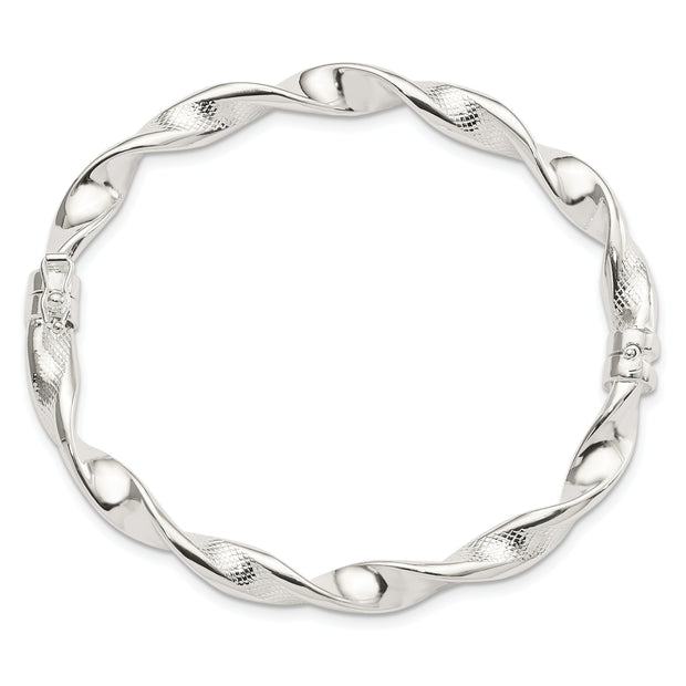 Sterling Silver Polished Twisted Textured Hinged Bangle