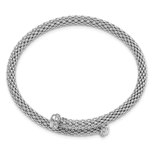Sterling Silver Rhodium-plated Polished CZ Flexible Cuff Bangle
