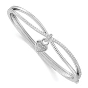 Sterling Silver Rhodium-plated CZ Heart Dangle Hinged Bangle