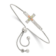 Sterling Silver Rhod-pltd w/12K Accents Cross Adjustable Bracelet
