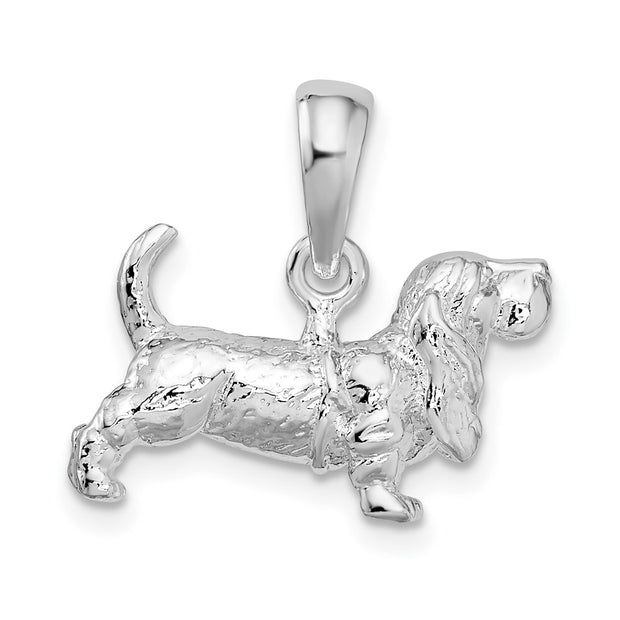 Sterling Silver Rhodium-plated Textured 3D Basset Hound Pendant