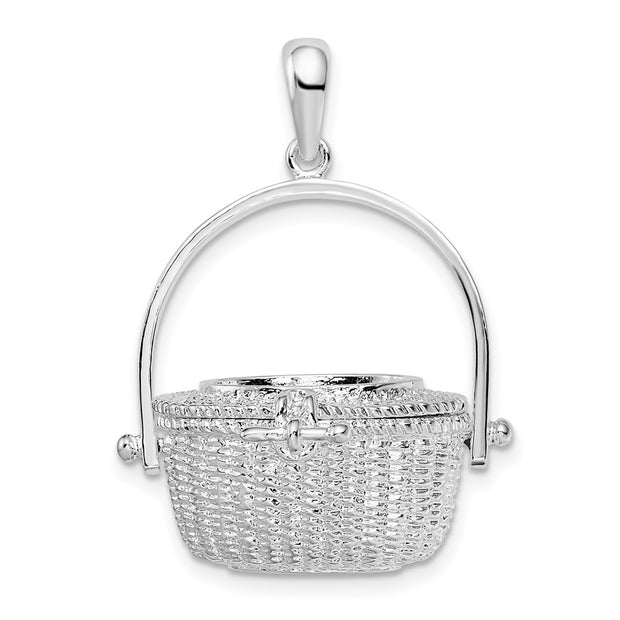 Sterling Silver Rhodium-plated Moveable 3D Nantucket Basket Pendant