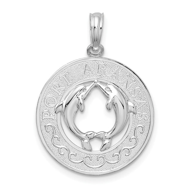 Sterling Silver Rhodium-plated Port Aransas Circle w/Dolphins Pendant