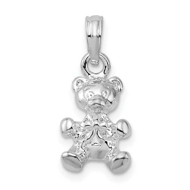 Sterling Silver Polished 3D Teddy Bear w/Bow Tie Pendant