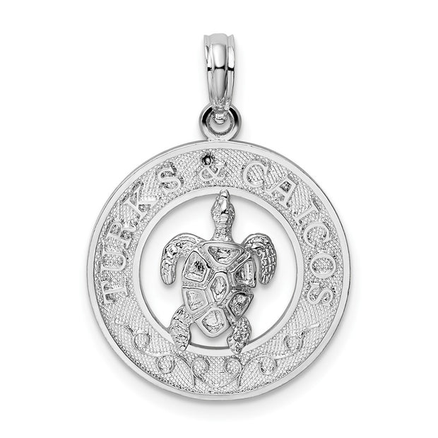 Sterling Silver Rhodium-plated Turks and Caicos Circle w/Turtle Pendant