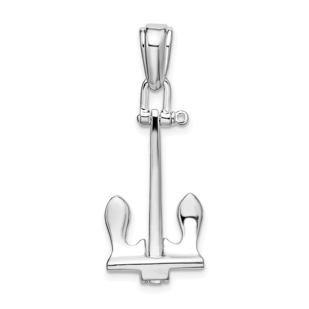 Sterling Silver Rhodium-plated Polished 3D Large Navy Anchor Pendant