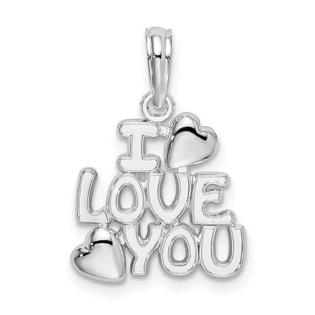 Sterling Silver Rhodium-plated Polished I LOVE YOU w/Hearts Pendant