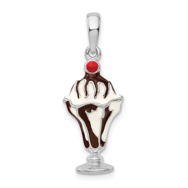 Sterling Silver Rhodium-plated Enameled Chocolate Sundae Pendant