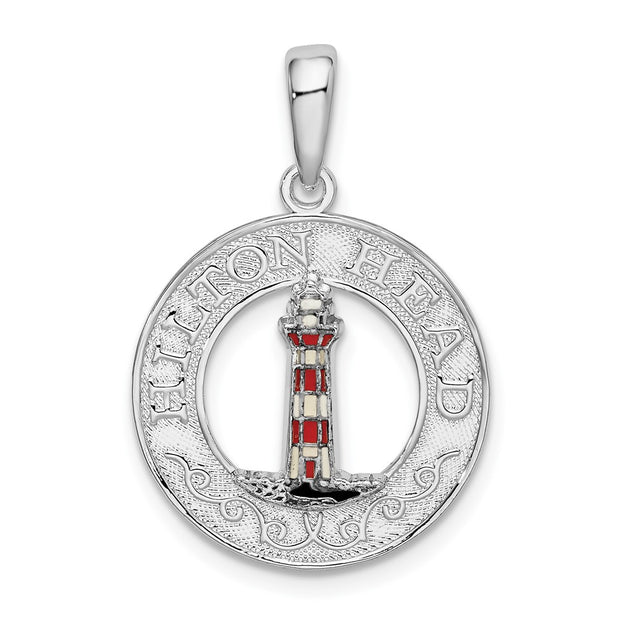 Sterling Silver Polished Enamel Hilton Head w/Lighthouse Pendant