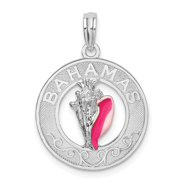 Sterling Silver Rhodium-plated Enamel Bahamas Circle w/Shell Pendant
