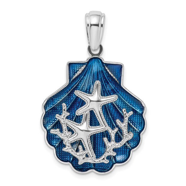 Sterling Silver Rhodium-plated Enameled Blue Shell w/Starfish Pendant