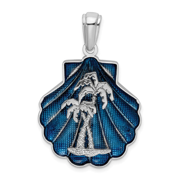 Sterling Silver Rhodium-plated Enamel Blue Shell w/Palm Trees Pendant