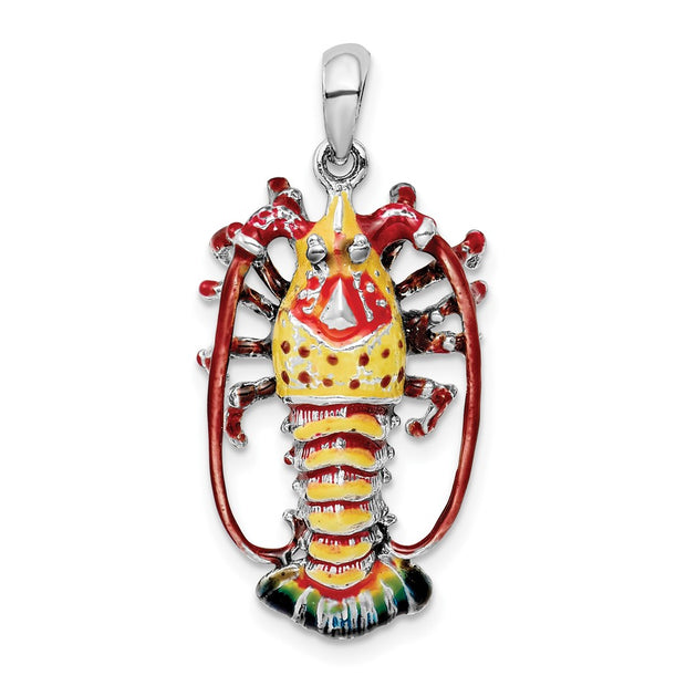 Sterling Silver Rhodium-plated Polished Enamel Florida Lobster Pendant