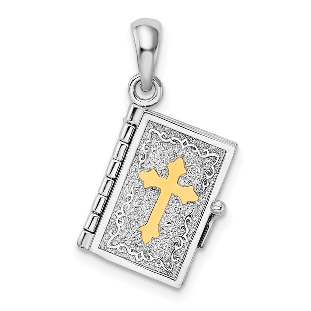 Sterling Silver Rhod-plted Texture Lords Prayer Bible w/14k Cross Pendant