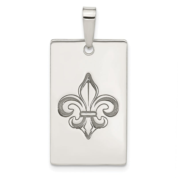 Sterling Silver Polished & Antiqued Fleur De Lis Rectangle Pendant