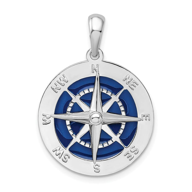 Sterling Silver Rhodium-plated Polished Enameled Lg. Compass Pendant