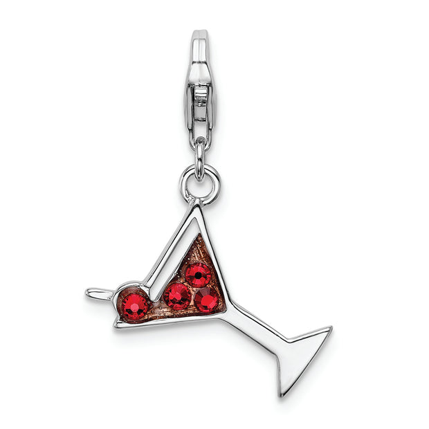 Sterling Silver Amore La Vita Rhodium-pl Red Crystal Martini Glass Charm