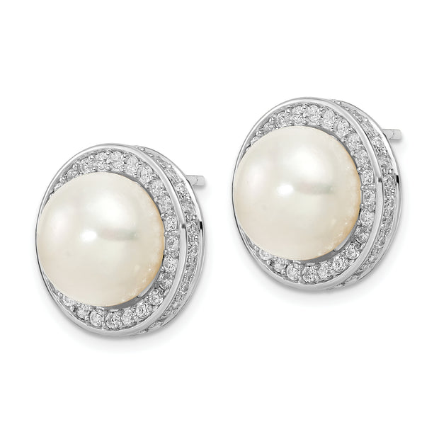 Sterling Silver Cheryl M Rh-p CZ & 12mm FWC Pearl Stud Earrings