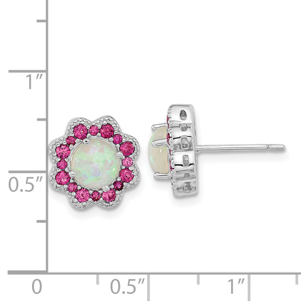 SS Cheryl M Rh-pltd Cr. Opal & Red Nano Crystal Flower Post Earrings