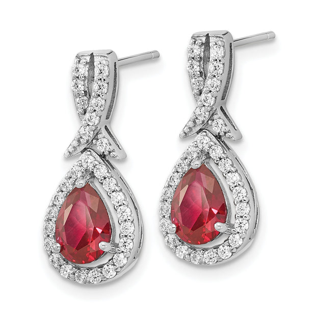 SS Cheryl M Rhod-plated Cr. Ruby & CZ Teardrop Post Dangle Earrings