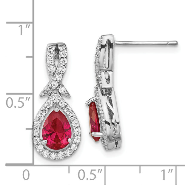 SS Cheryl M Rhod-plated Cr. Ruby & CZ Teardrop Post Dangle Earrings