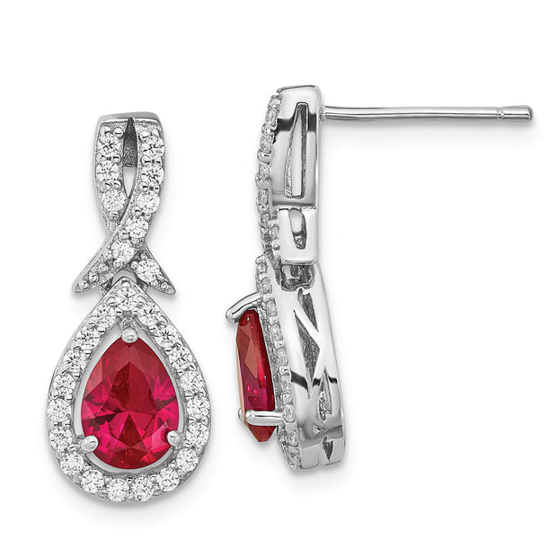 SS Cheryl M Rhod-plated Cr. Ruby & CZ Teardrop Post Dangle Earrings