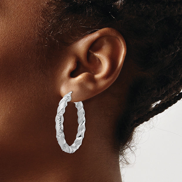 Sterling Silver Platinum-Plated Diamond Mystique Twisted Hoop Earrings