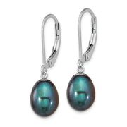 Sterling Silver RH-plated 7-8mm Black FWC Pearl Leverback Earrings