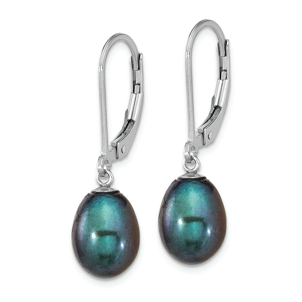 Sterling Silver RH-plated 7-8mm Black FWC Pearl Leverback Earrings