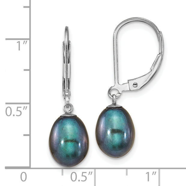 Sterling Silver RH-plated 7-8mm Black FWC Pearl Leverback Earrings