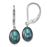 Sterling Silver RH-plated 7-8mm Black FWC Pearl Leverback Earrings