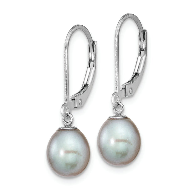Sterling Silver RH-plated 7-8mm Grey FWC Pearl Leverback Earrings