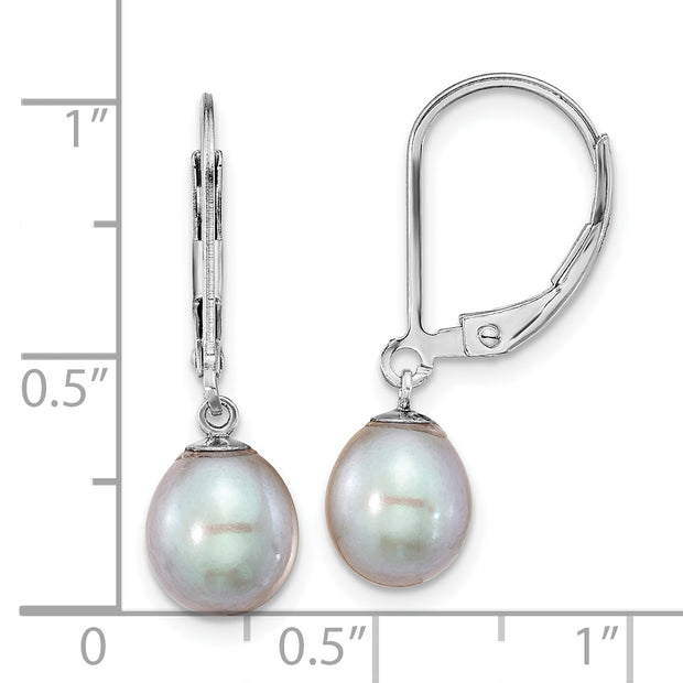 Sterling Silver RH-plated 7-8mm Grey FWC Pearl Leverback Earrings