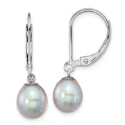 Sterling Silver RH-plated 7-8mm Grey FWC Pearl Leverback Earrings