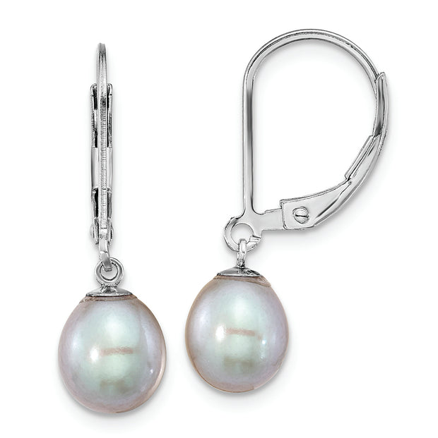 Sterling Silver RH-plated 7-8mm Grey FWC Pearl Leverback Earrings