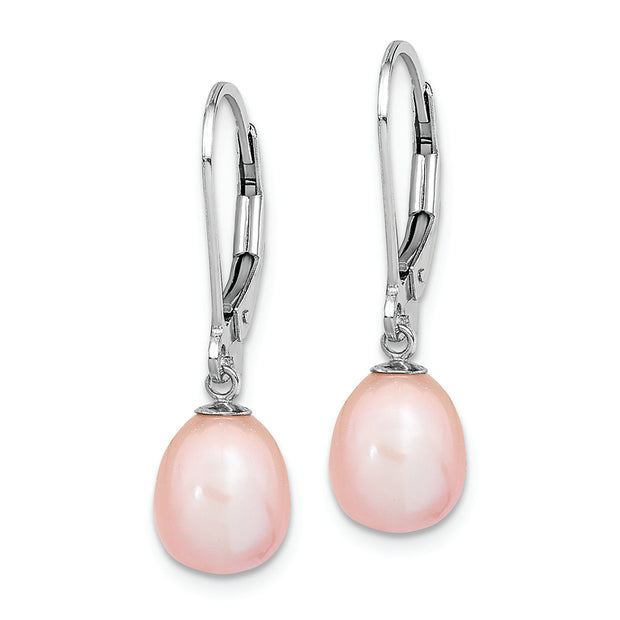 Sterling Silver Rhodium-plated 7-8mm Pink FWC Pearl Leverback Earrings