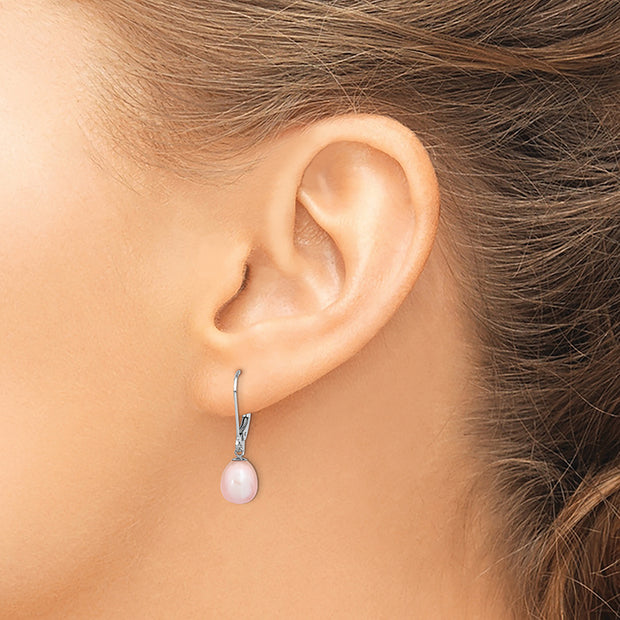 Sterling Silver Rhodium-plated 7-8mm Pink FWC Pearl Leverback Earrings