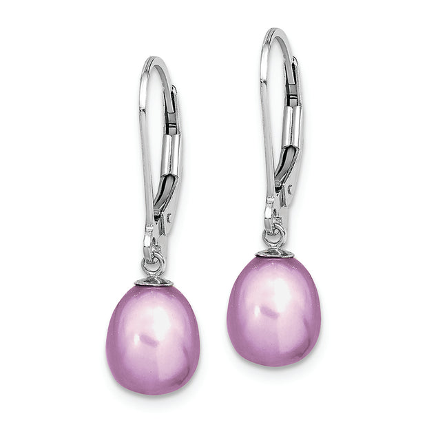 Sterling Silver Rhodium-plated 7-8mm Purple FWC Pearl Leverback Earrings