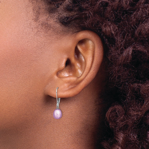Sterling Silver Rhodium-plated 7-8mm Purple FWC Pearl Leverback Earrings