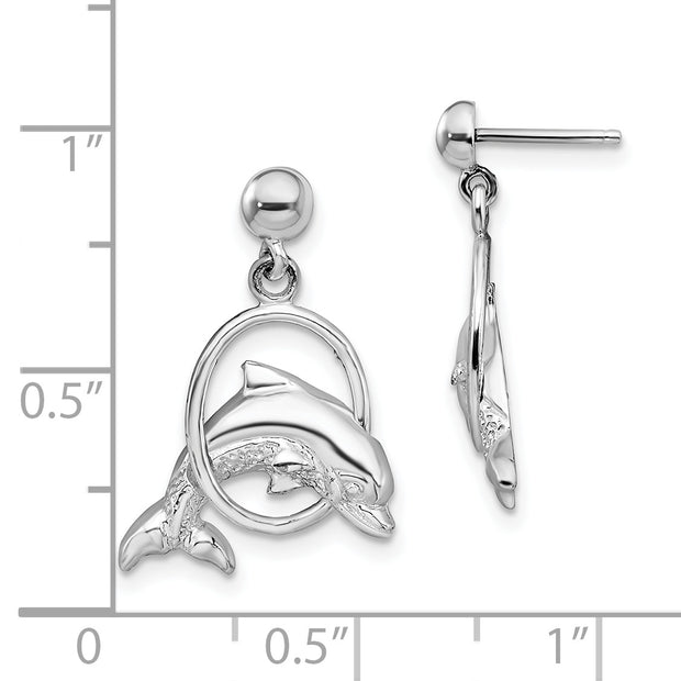 Sterling Silver Rhodium-plated Dolphin in Hoop Dangle Post Earrings