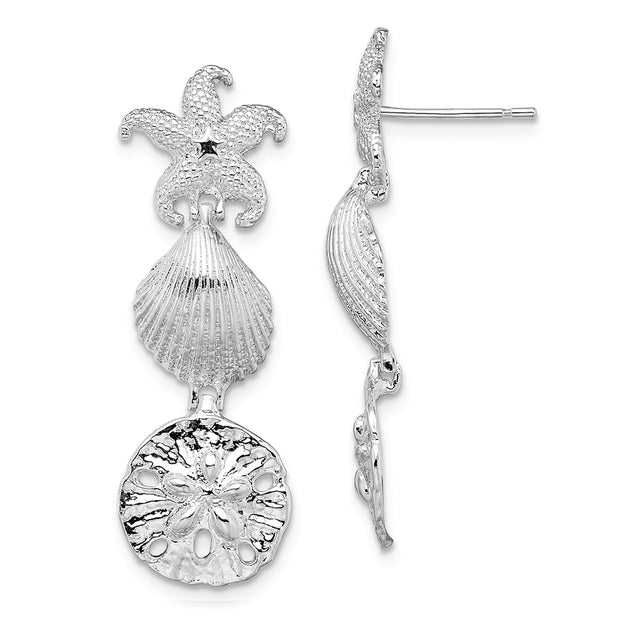 Sterling Silver Rhodium-plated Polished Sea Life Dangle Post Earrings