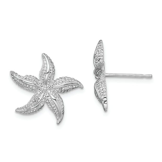 Sterling Silver Rhodium-plated Polished Small Starfish Post Earrings
