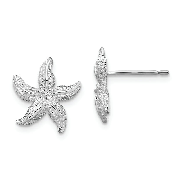 Sterling Silver Rhodium-plated Polished Starfish Post Earrings
