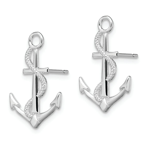 Sterling Silver Rhodium-plated Polished Anchor w/Rope Post Earrings